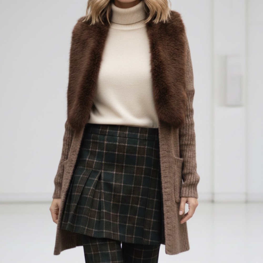Fur trimmed long cardigan